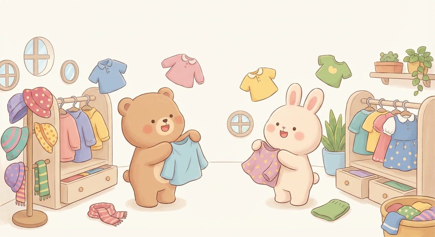 Pick a Fun Outfit learning scene, Pick a Fun Outfit learning scene filled with curiosity and joy, gentle pastel illustration designed for ages 3-4, rounded shapes, caring expressions, text-free illustration with clean unmarked background, balanced composition, soft cinematic lighting, harmonious color palette, inviting and joyful mood