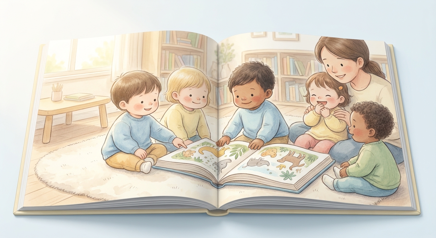Picture Books Tiny Tales with Big Pictures learning scene, Picture Books Tiny Tales with Big Pictures learning scene filled with curiosity and joy, gentle pastel illustration designed for ages 3-4, rounded shapes, caring expressions, text-free illustration with clean unmarked background, balanced composition, soft cinematic lighting, harmonious color palette, inviting and joyful mood