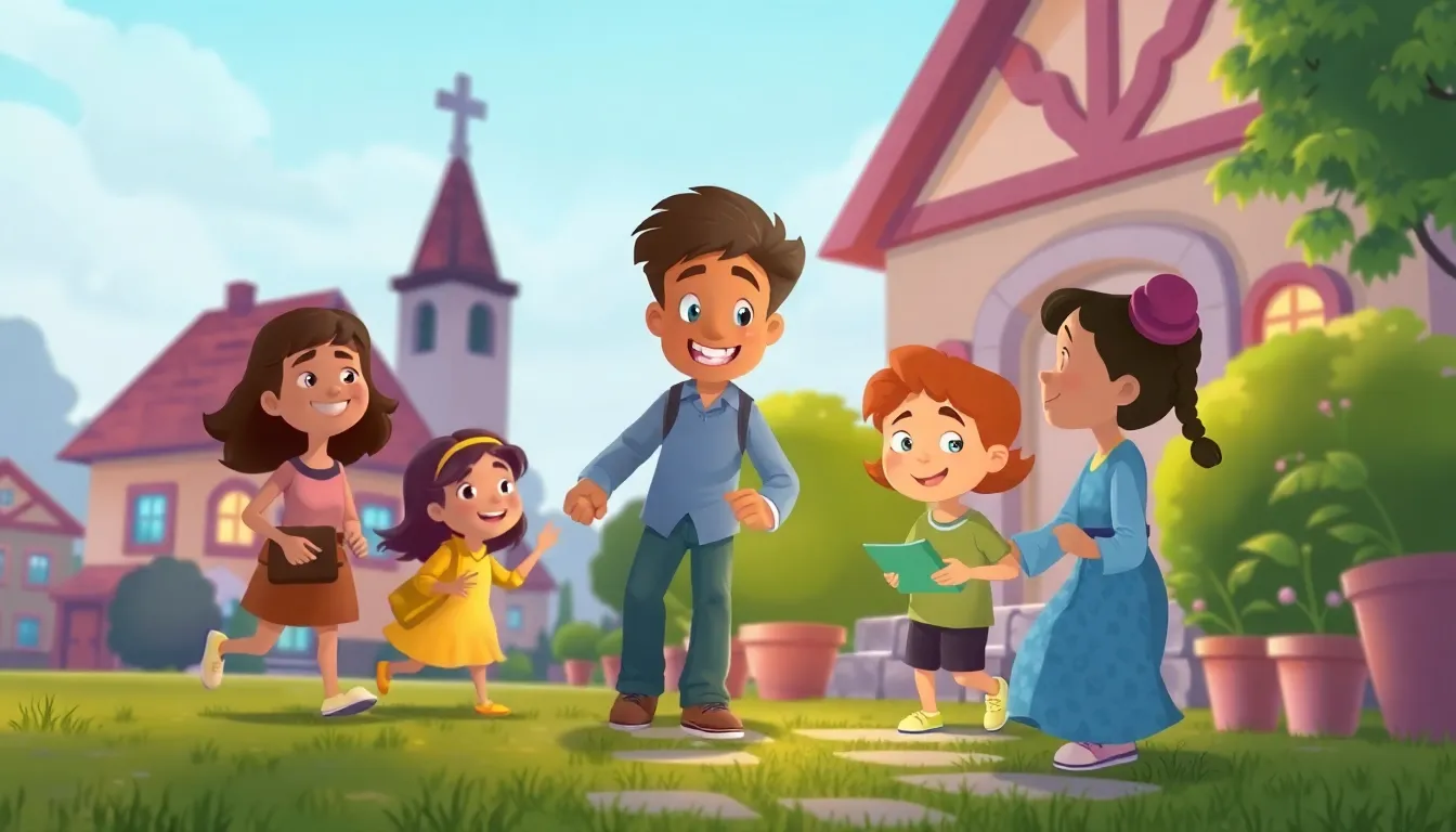 Places of Worship in Our Community learning scene, Places of Worship in Our Community community scene, neighbors helping each other, vivid storybook illustration for ages 5-7, lively characters, playful motion, text-free illustration with clean unmarked background, balanced composition, soft cinematic lighting, harmonious color palette, inviting and joyful mood
