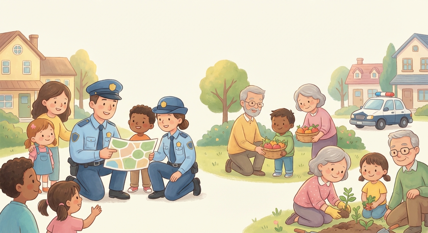 Police Officers in Our Neighborhood learning scene, Police Officers in Our Neighborhood community scene, neighbors helping each other, gentle pastel illustration designed for ages 3-4, rounded shapes, caring expressions, text-free illustration with clean unmarked background, balanced composition, soft cinematic lighting, harmonious color palette, inviting and joyful mood