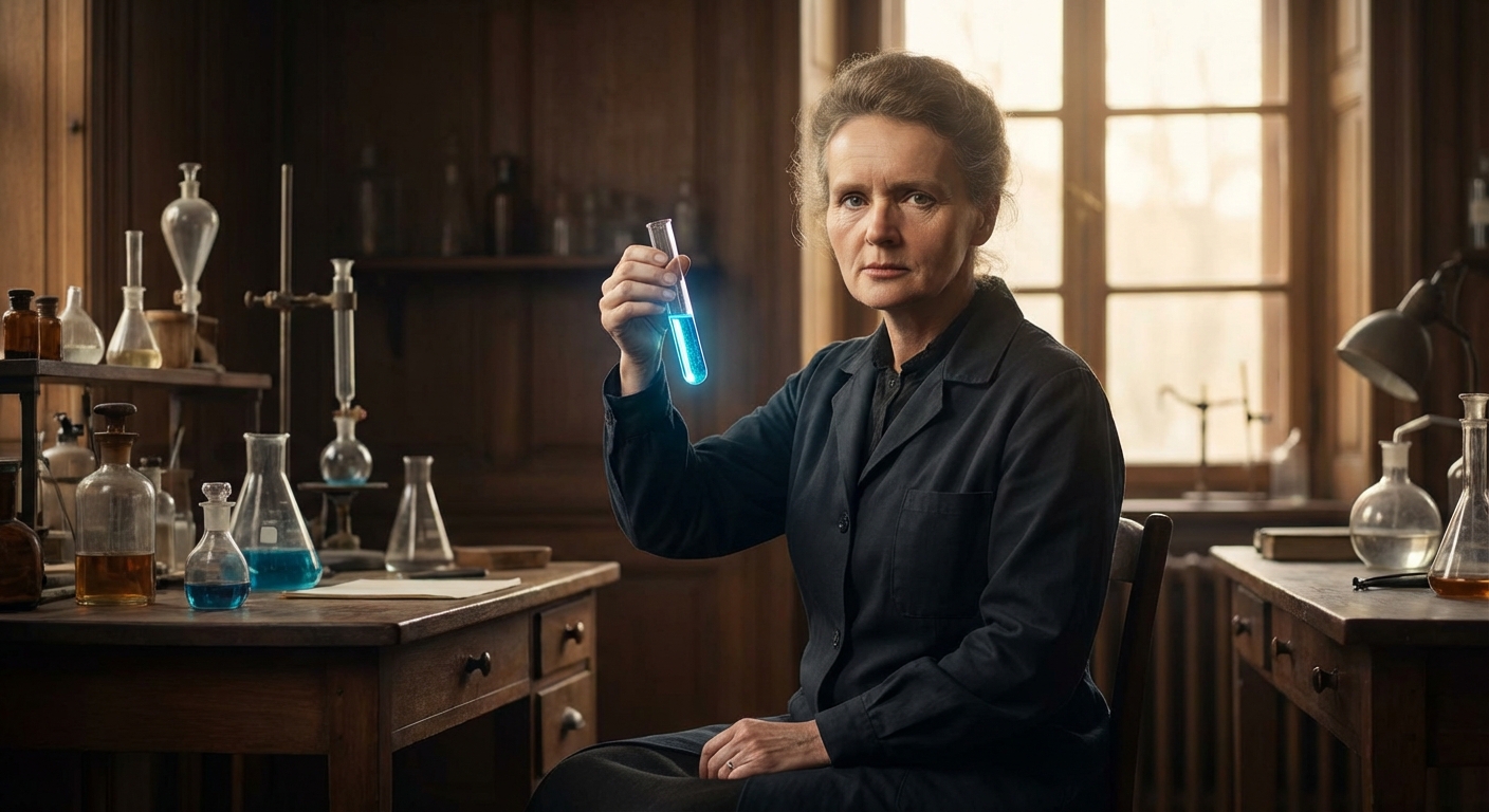 Portrait of Marie Curie holding a test tube