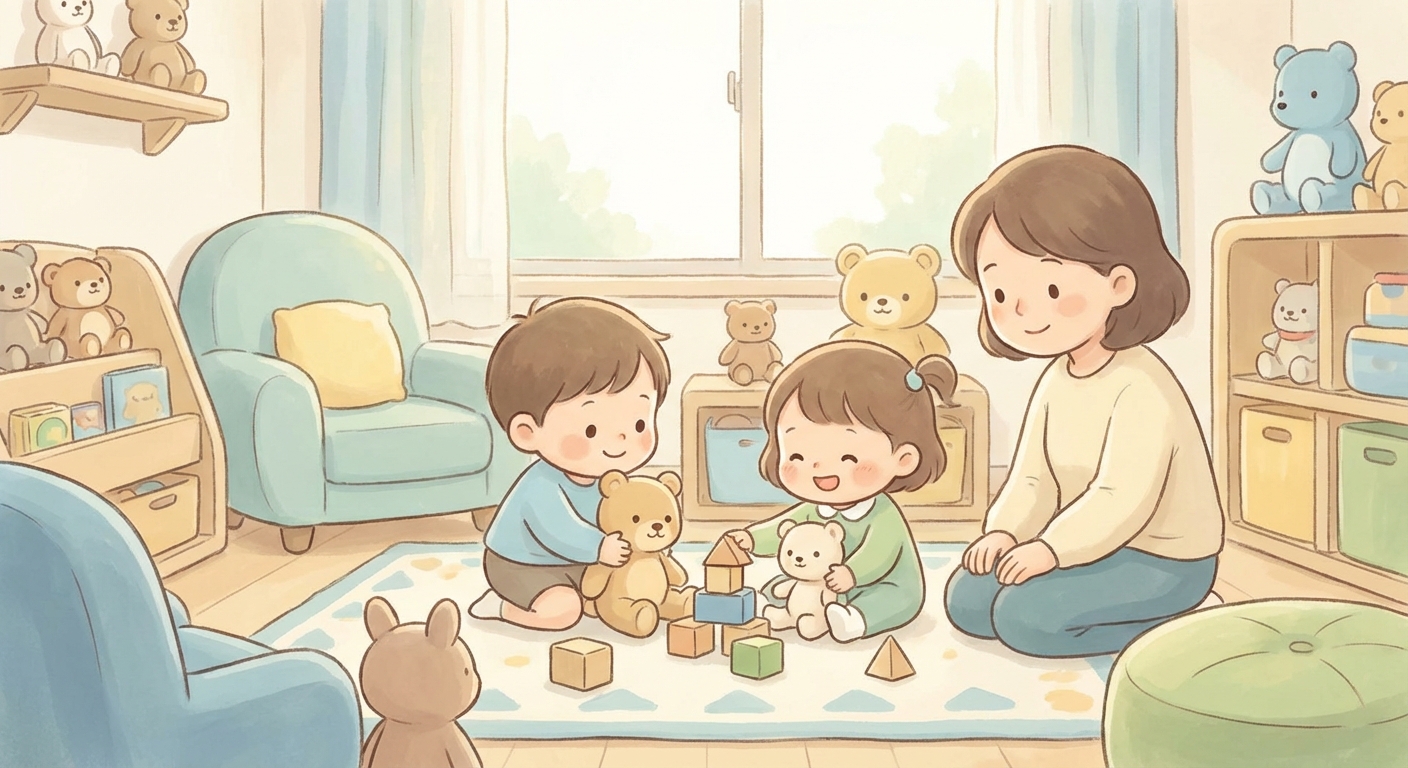 Pretend Play with Toys learning scene, Pretend Play with Toys learning scene filled with curiosity and joy, gentle pastel illustration designed for ages 3-4, rounded shapes, caring expressions, text-free illustration with clean unmarked background, balanced composition, soft cinematic lighting, harmonious color palette, inviting and joyful mood