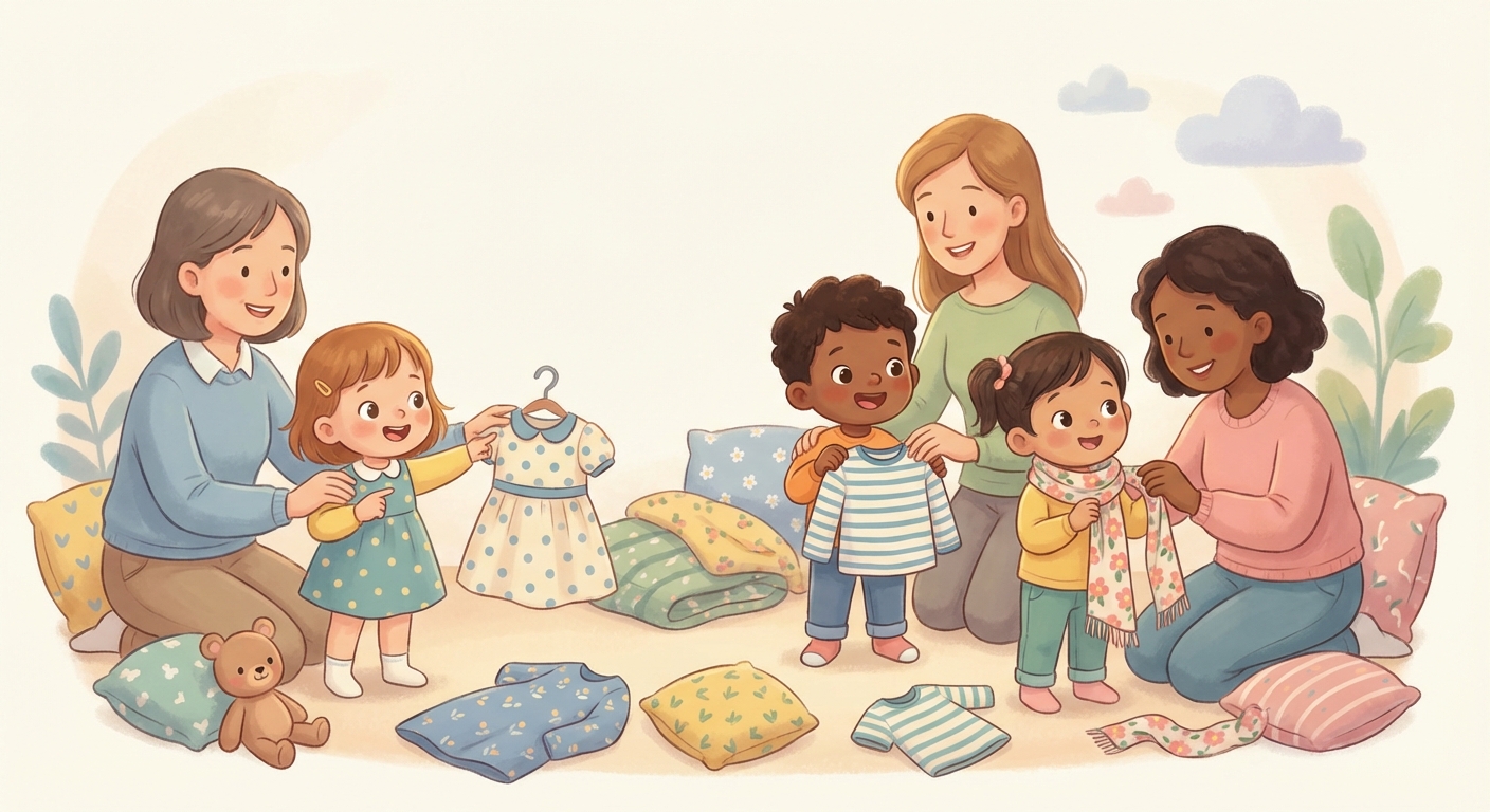 Pretty Patterns on Clothes learning scene, Pretty Patterns on Clothes learning scene filled with curiosity and joy, gentle pastel illustration designed for ages 3-4, rounded shapes, caring expressions, text-free illustration with clean unmarked background, balanced composition, soft cinematic lighting, harmonious color palette, inviting and joyful mood