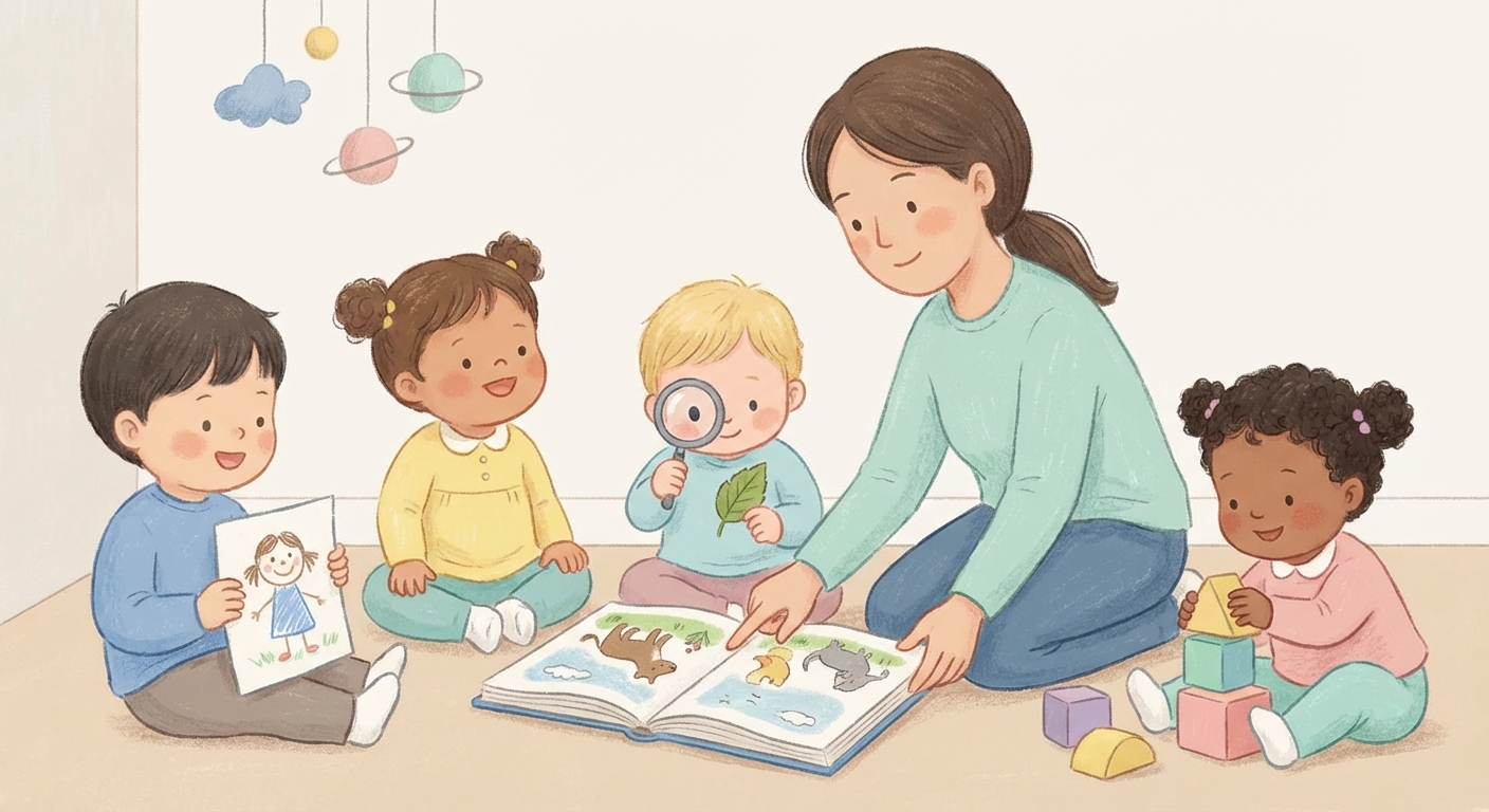 Proud learning scene, Proud learning scene filled with curiosity and joy, gentle pastel illustration designed for ages 3-4, rounded shapes, caring expressions, text-free illustration with clean unmarked background, balanced composition, soft cinematic lighting, harmonious color palette, inviting and joyful mood