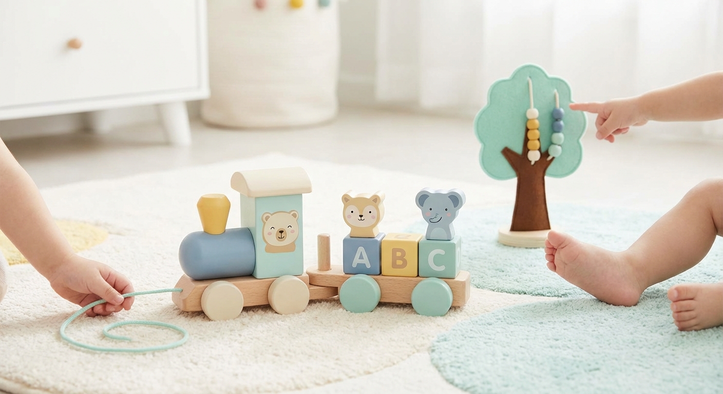 Pull toy Fun learning scene, Pull toy Fun learning scene filled with curiosity and joy, gentle pastel illustration designed for ages 3-4, rounded shapes, caring expressions, text-free illustration with clean unmarked background, balanced composition, soft cinematic lighting, harmonious color palette, inviting and joyful mood