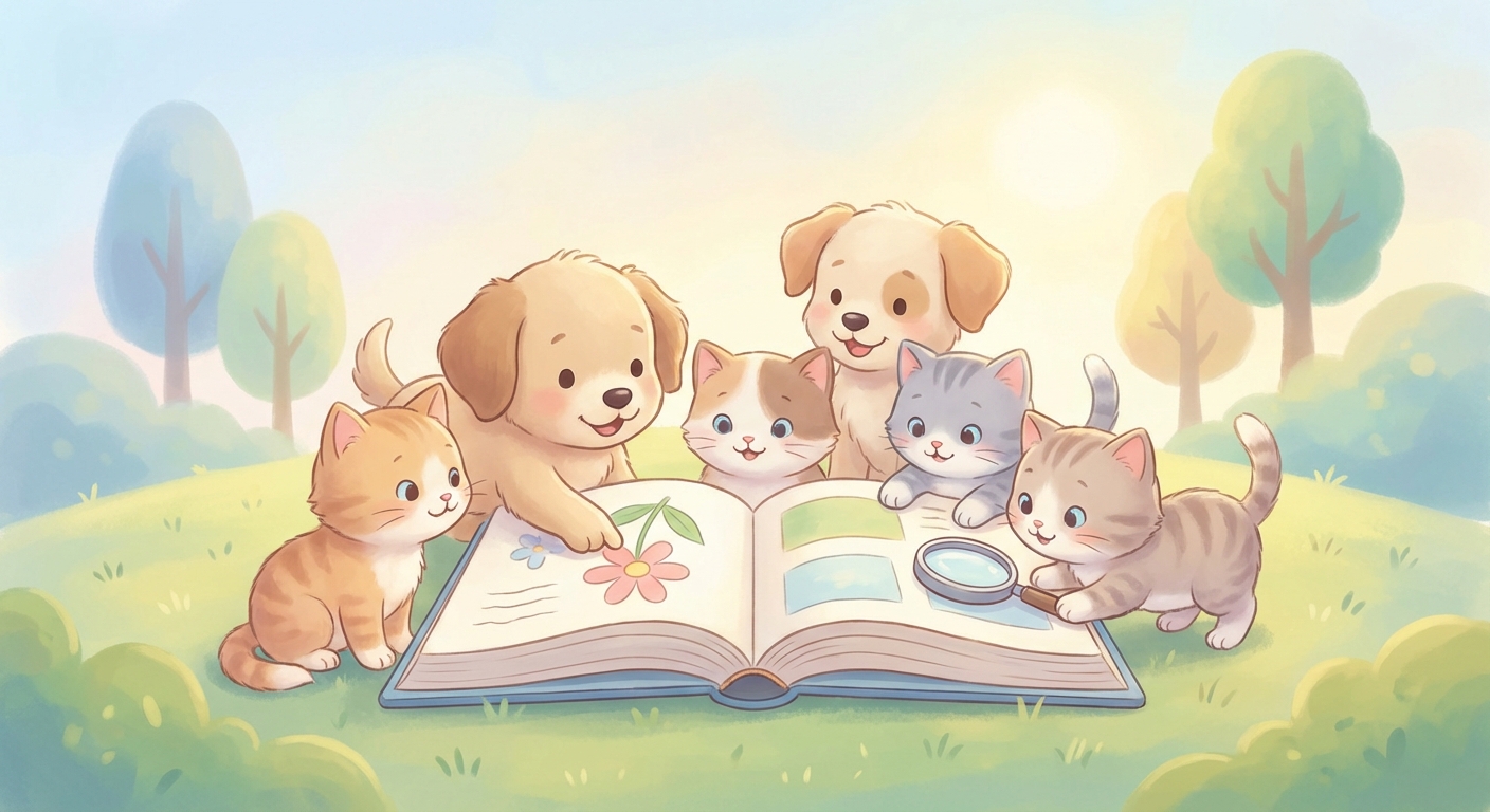 Puppies and Kittens learning scene, Puppies and Kittens animals discovering together, joyful storybook moment, gentle pastel illustration designed for ages 3-4, rounded shapes, caring expressions, text-free illustration with clean unmarked background, balanced composition, soft cinematic lighting, harmonious color palette, inviting and joyful mood