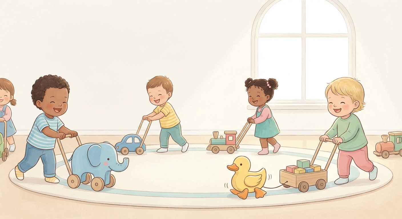 Push Toys Are Fun learning scene, Push Toys Are Fun learning scene filled with curiosity and joy, gentle pastel illustration designed for ages 3-4, rounded shapes, caring expressions, text-free illustration with clean unmarked background, balanced composition, soft cinematic lighting, harmonious color palette, inviting and joyful mood
