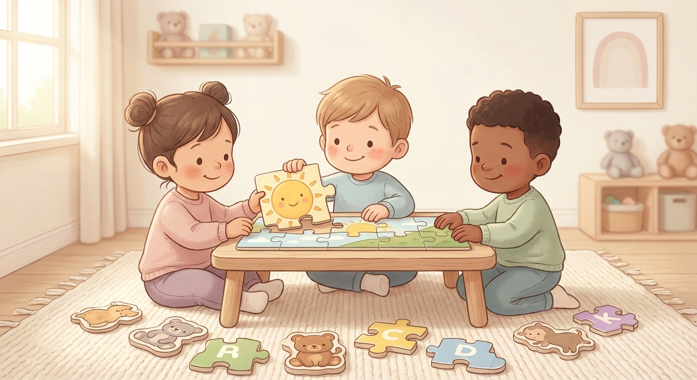 Puzzle Playtime learning scene, Puzzle Playtime learning scene filled with curiosity and joy, gentle pastel illustration designed for ages 3-4, rounded shapes, caring expressions, text-free illustration with clean unmarked background, balanced composition, soft cinematic lighting, harmonious color palette, inviting and joyful mood