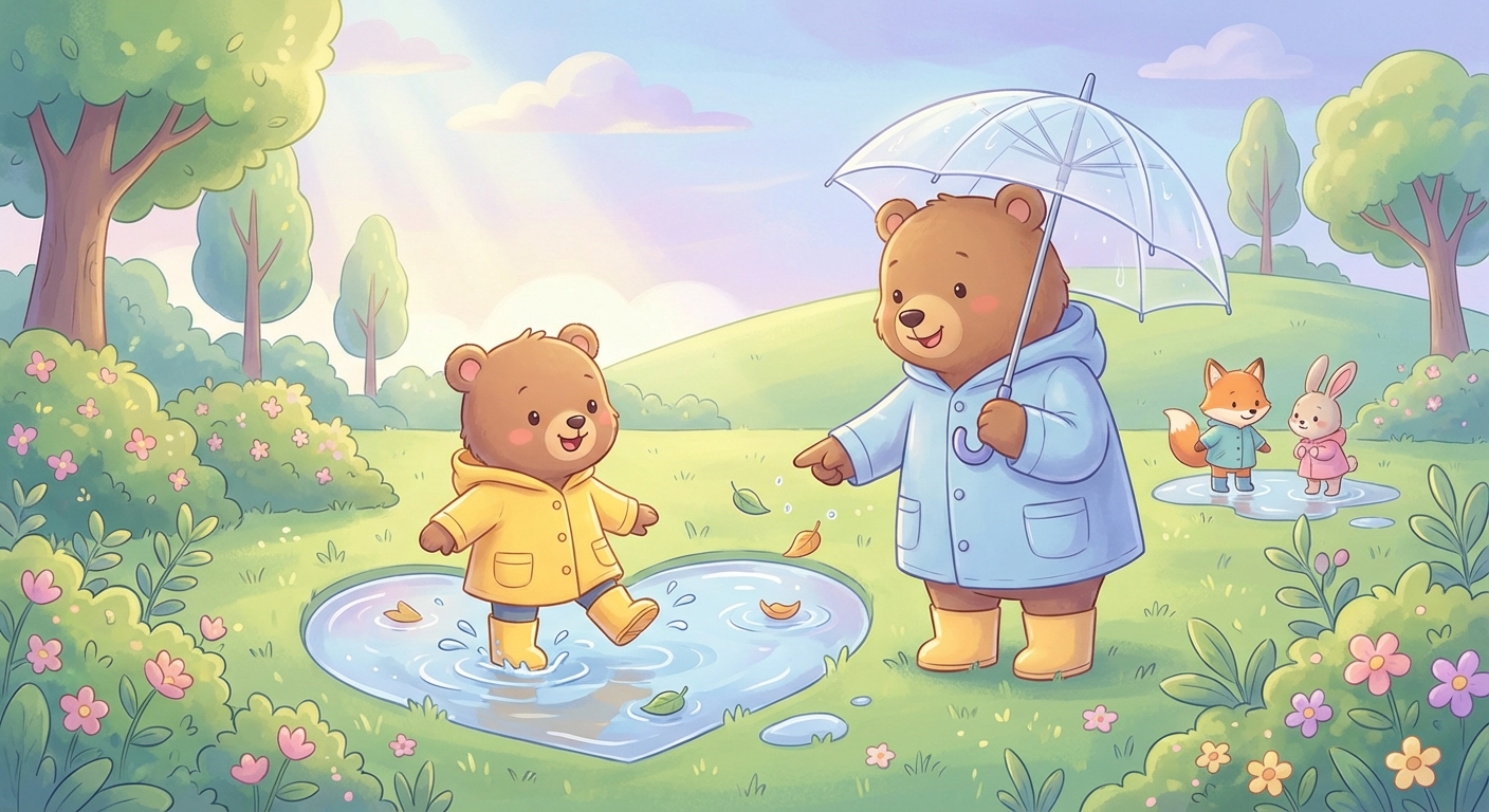 Rain and Puddles learning scene, Rain and Puddles scene in vibrant nature, lush and lively surroundings, gentle pastel illustration designed for ages 3-4, rounded shapes, caring expressions, text-free illustration with clean unmarked background, balanced composition, soft cinematic lighting, harmonious color palette, inviting and joyful mood