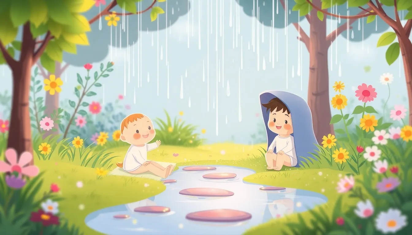 Rain and Puddles learning scene, Rain and Puddles scene in vibrant nature, lush and lively surroundings, gentle pastel illustration designed for ages 3-4, rounded shapes, caring expressions, text-free illustration with clean unmarked background, balanced composition, soft cinematic lighting, harmonious color palette, inviting and joyful mood