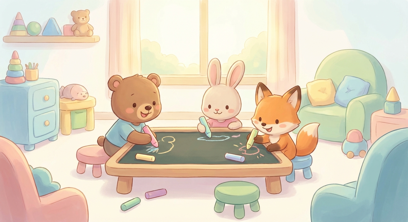 Rainbow Chalk Adventures learning scene, Rainbow Chalk Adventures learning scene filled with curiosity and joy, gentle pastel illustration designed for ages 3-4, rounded shapes, caring expressions, text-free illustration with clean unmarked background, balanced composition, soft cinematic lighting, harmonious color palette, inviting and joyful mood