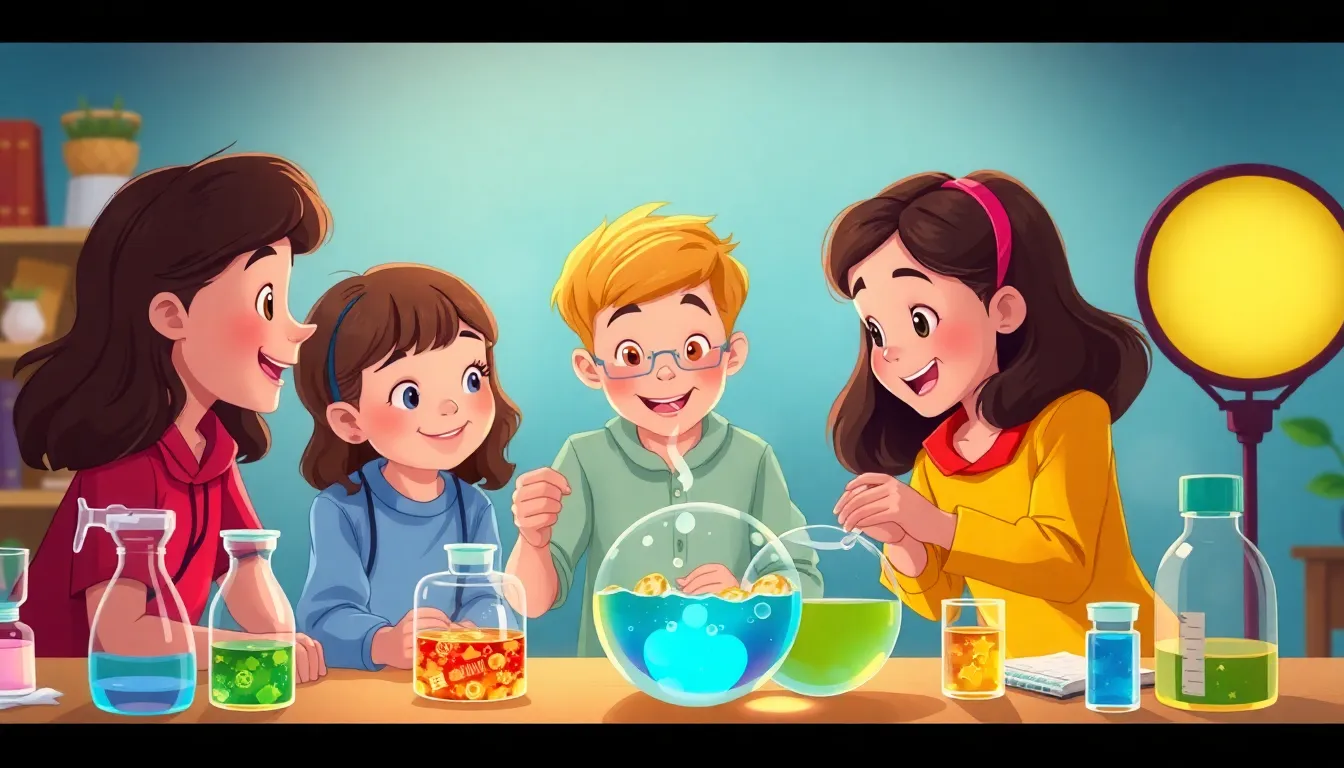 Rainbow Science for Little Explorers learning scene, Rainbow Science for Little Explorers experiment underway, curious kids collaborating, vivid storybook illustration for ages 5-7, lively characters, playful motion, text-free illustration with clean unmarked background, balanced composition, soft cinematic lighting, harmonious color palette, inviting and joyful mood