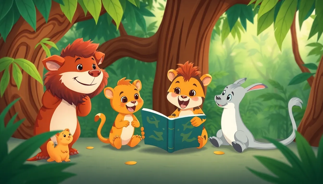 Rainforest Animals learning scene, Rainforest Animals animals discovering together, joyful storybook moment, vivid storybook illustration for ages 5-7, lively characters, playful motion, text-free illustration with clean unmarked background, balanced composition, soft cinematic lighting, harmonious color palette, inviting and joyful mood