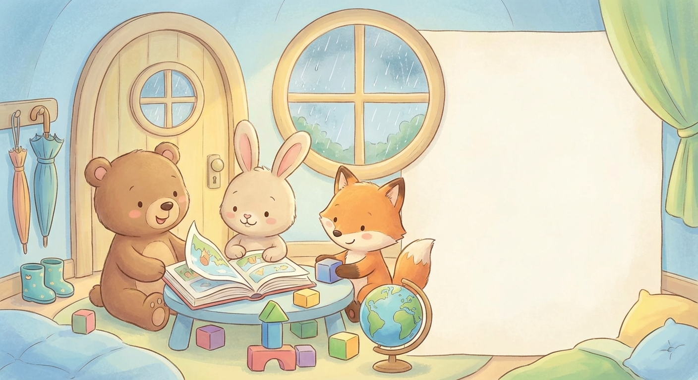 Rainy Day Fun learning scene, Rainy Day Fun learning scene filled with curiosity and joy, gentle pastel illustration designed for ages 3-4, rounded shapes, caring expressions, text-free illustration with clean unmarked background, balanced composition, soft cinematic lighting, harmonious color palette, inviting and joyful mood