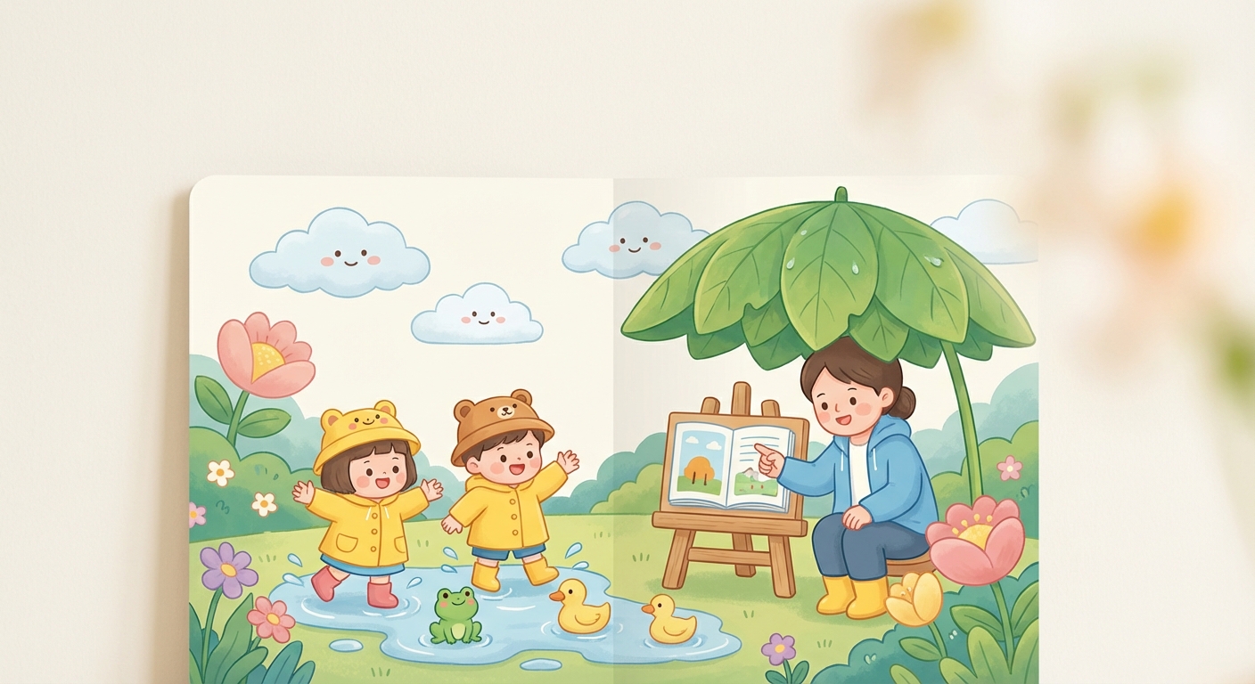Rainy Day Fun learning scene, Rainy Day Fun scene in vibrant nature, lush and lively surroundings, gentle pastel illustration designed for ages 3-4, rounded shapes, caring expressions, text-free illustration with clean unmarked background, balanced composition, soft cinematic lighting, harmonious color palette, inviting and joyful mood