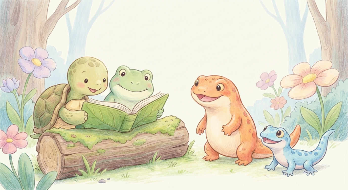 Reptiles and Amphibians learning scene, Reptiles and Amphibians animals discovering together, joyful storybook moment, gentle pastel illustration designed for ages 3-4, rounded shapes, caring expressions, text-free illustration with clean unmarked background, balanced composition, soft cinematic lighting, harmonious color palette, inviting and joyful mood