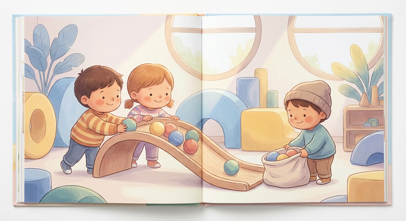 Rolling Fun learning scene, Rolling Fun experiment underway, curious kids collaborating, gentle pastel illustration designed for ages 3-4, rounded shapes, caring expressions, text-free illustration with clean unmarked background, balanced composition, soft cinematic lighting, harmonious color palette, inviting and joyful mood