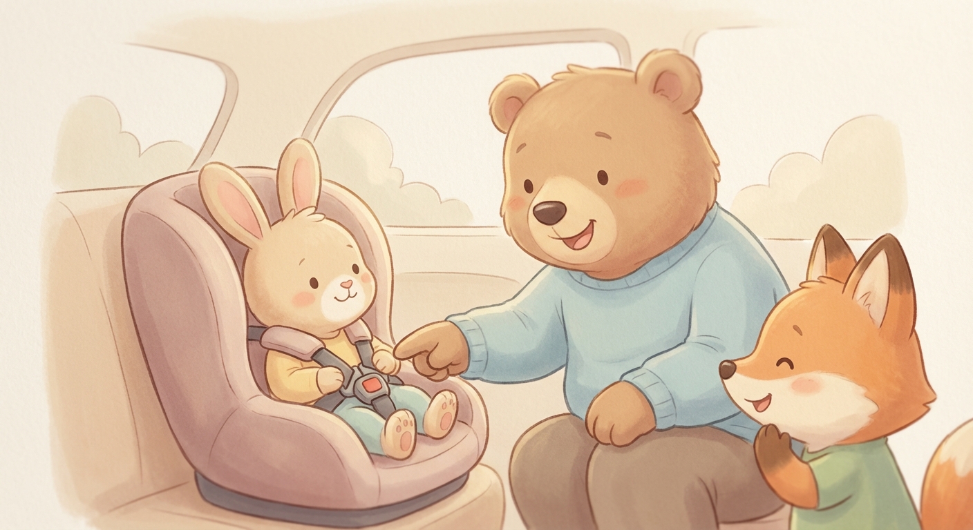 safe and Snug Car Seats learning scene, safe and Snug Car Seats safety tip demonstrated kindly and clearly, gentle pastel illustration designed for ages 3-4, rounded shapes, caring expressions, text-free illustration with clean unmarked background, balanced composition, soft cinematic lighting, harmonious color palette, inviting and joyful mood