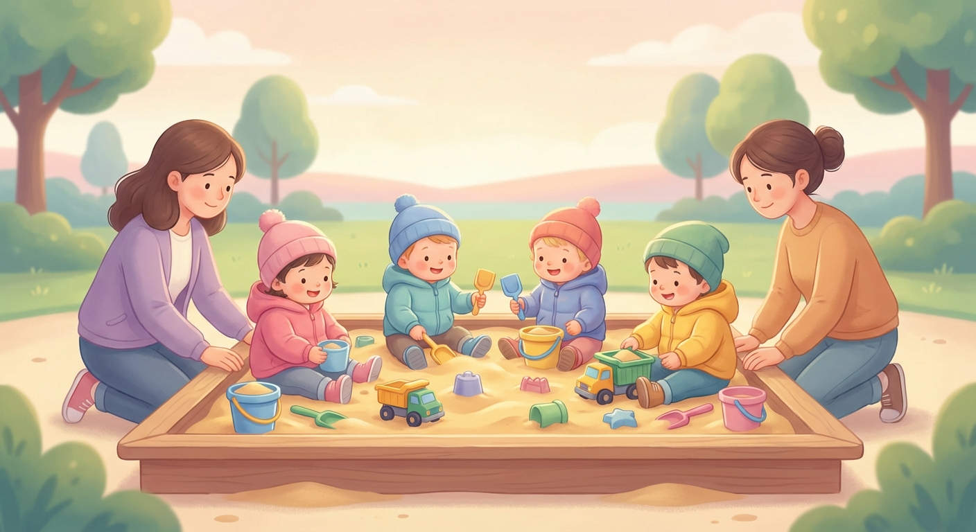 Sandbox Play Outside learning scene, Sandbox Play Outside learning scene filled with curiosity and joy, gentle pastel illustration designed for ages 3-4, rounded shapes, caring expressions, text-free illustration with clean unmarked background, balanced composition, soft cinematic lighting, harmonious color palette, inviting and joyful mood
