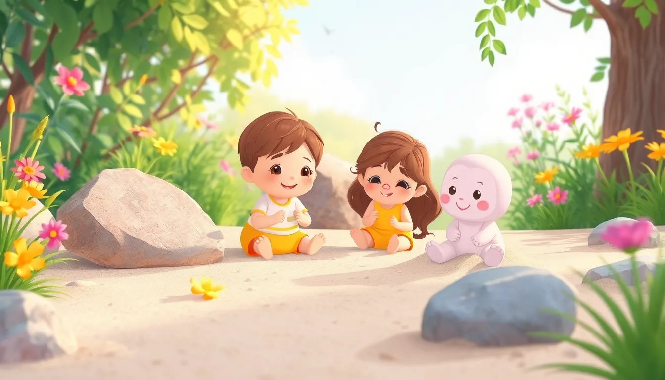Sandy Playtime learning scene, Sandy Playtime scene in vibrant nature, lush and lively surroundings, gentle pastel illustration designed for ages 3-4, rounded shapes, caring expressions, text-free illustration with clean unmarked background, balanced composition, soft cinematic lighting, harmonious color palette, inviting and joyful mood