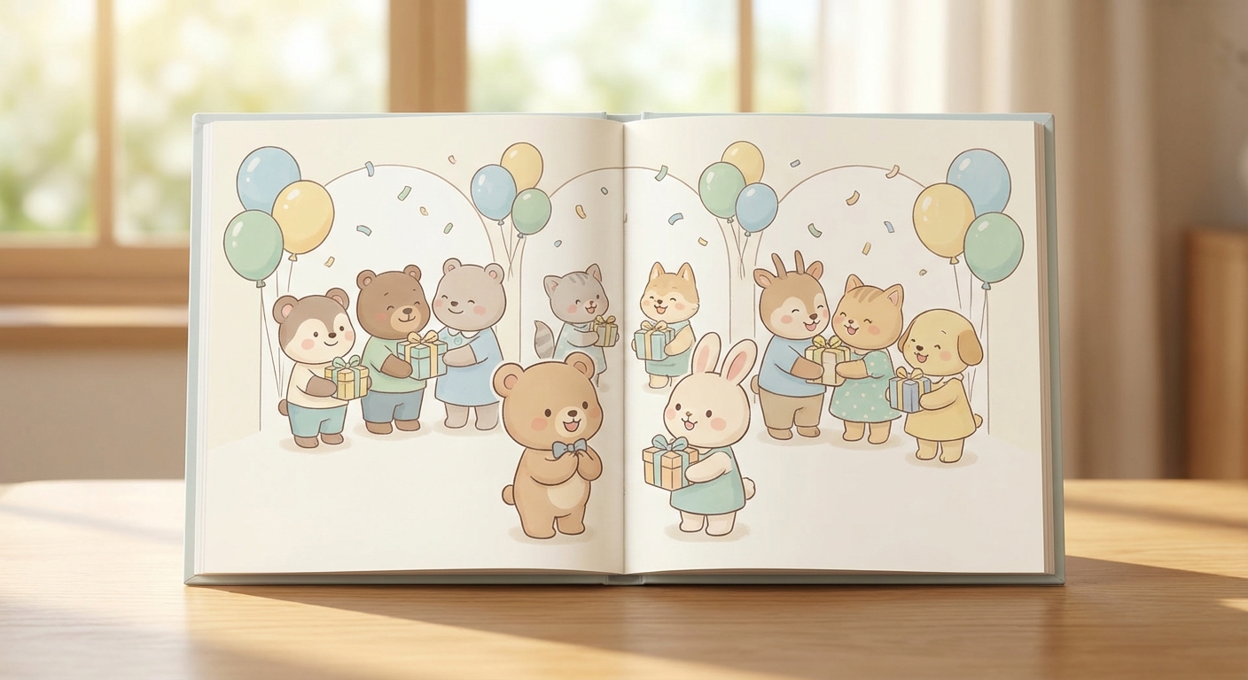 Say thank You at a Celebration learning scene, Say thank You at a Celebration celebration scene, balloons and confetti floating, gentle pastel illustration designed for ages 3-4, rounded shapes, caring expressions, text-free illustration with clean unmarked background, balanced composition, soft cinematic lighting, harmonious color palette, inviting and joyful mood