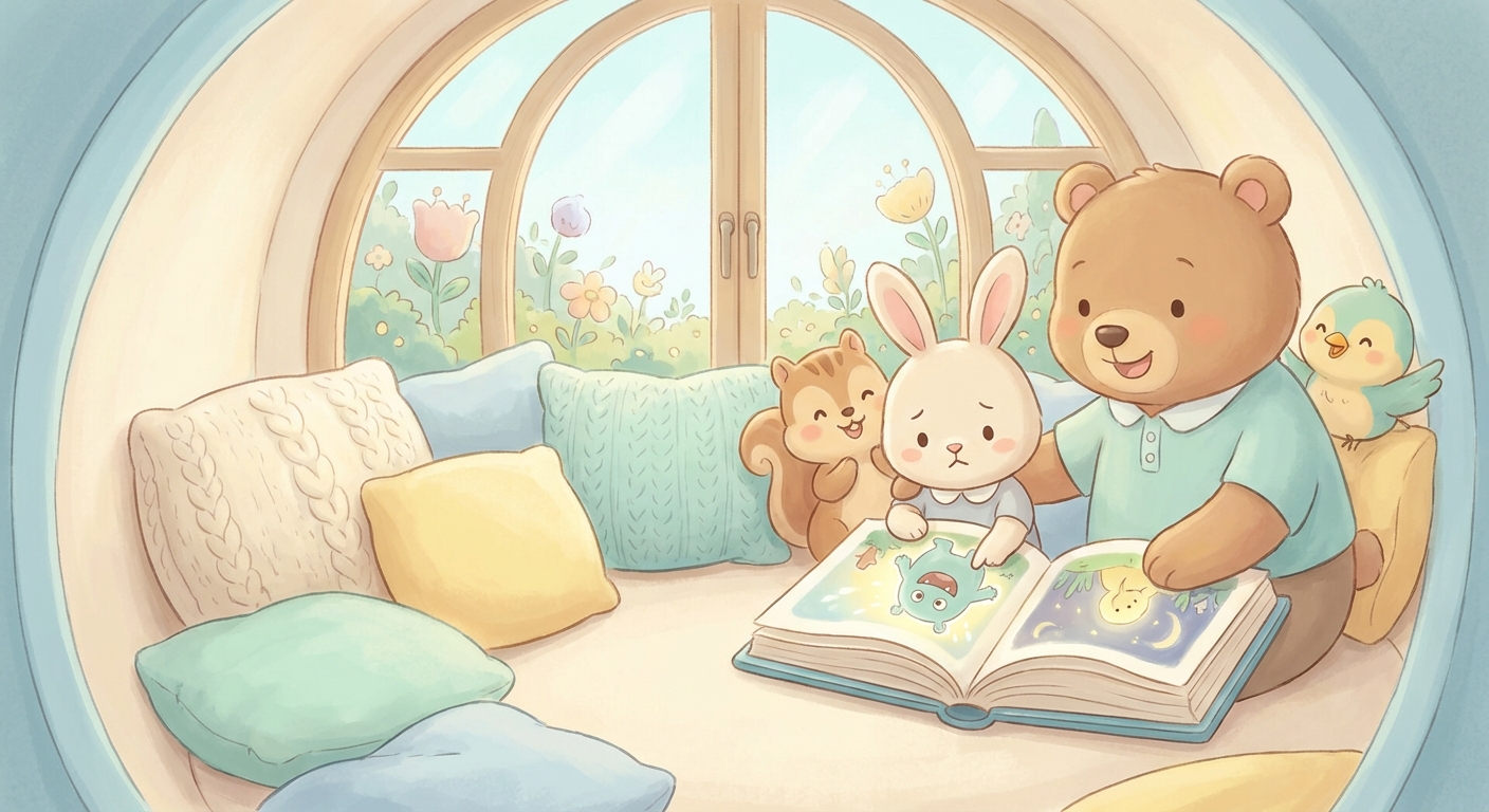 Scared learning scene, Scared learning scene filled with curiosity and joy, gentle pastel illustration designed for ages 3-4, rounded shapes, caring expressions, text-free illustration with clean unmarked background, balanced composition, soft cinematic lighting, harmonious color palette, inviting and joyful mood