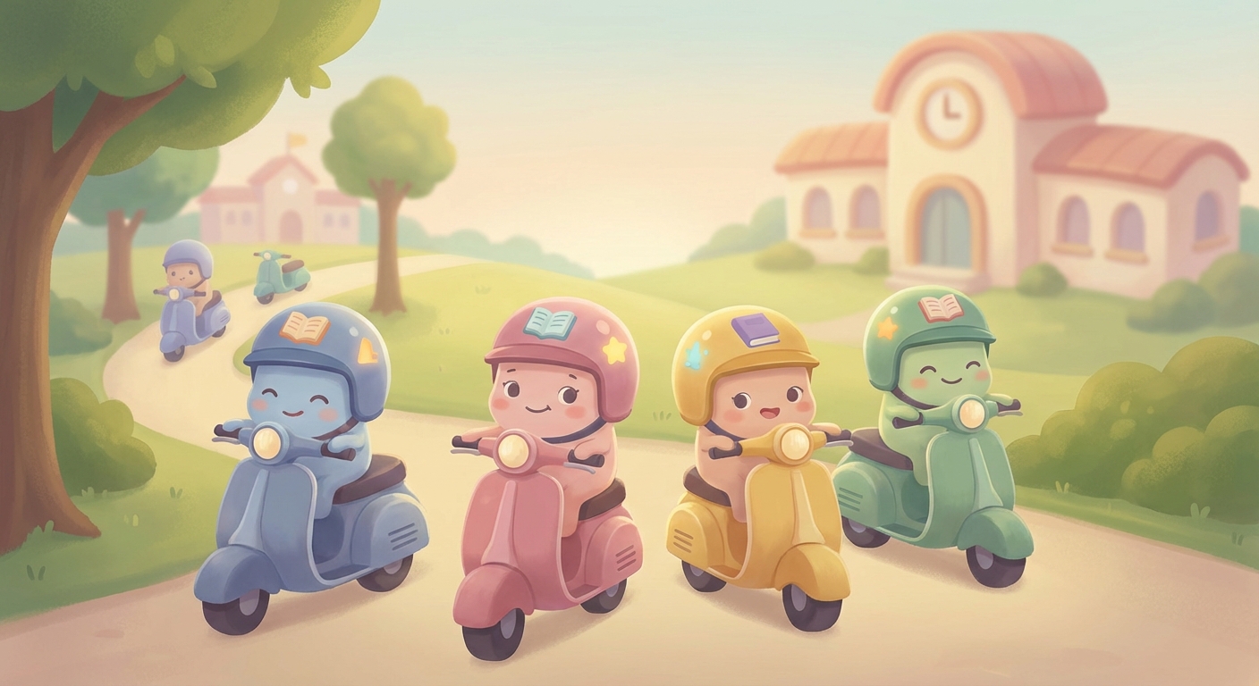 Scooters Zoom learning scene, Scooters Zoom journey, cheerful vehicles moving smoothly, gentle pastel illustration designed for ages 3-4, rounded shapes, caring expressions, text-free illustration with clean unmarked background, balanced composition, soft cinematic lighting, harmonious color palette, inviting and joyful mood