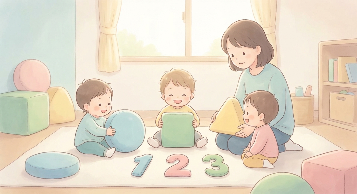 Shapes and Numbers learning scene, Shapes and Numbers learning scene filled with curiosity and joy, gentle pastel illustration designed for ages 3-4, rounded shapes, caring expressions, text-free illustration with clean unmarked background, balanced composition, soft cinematic lighting, harmonious color palette, inviting and joyful mood