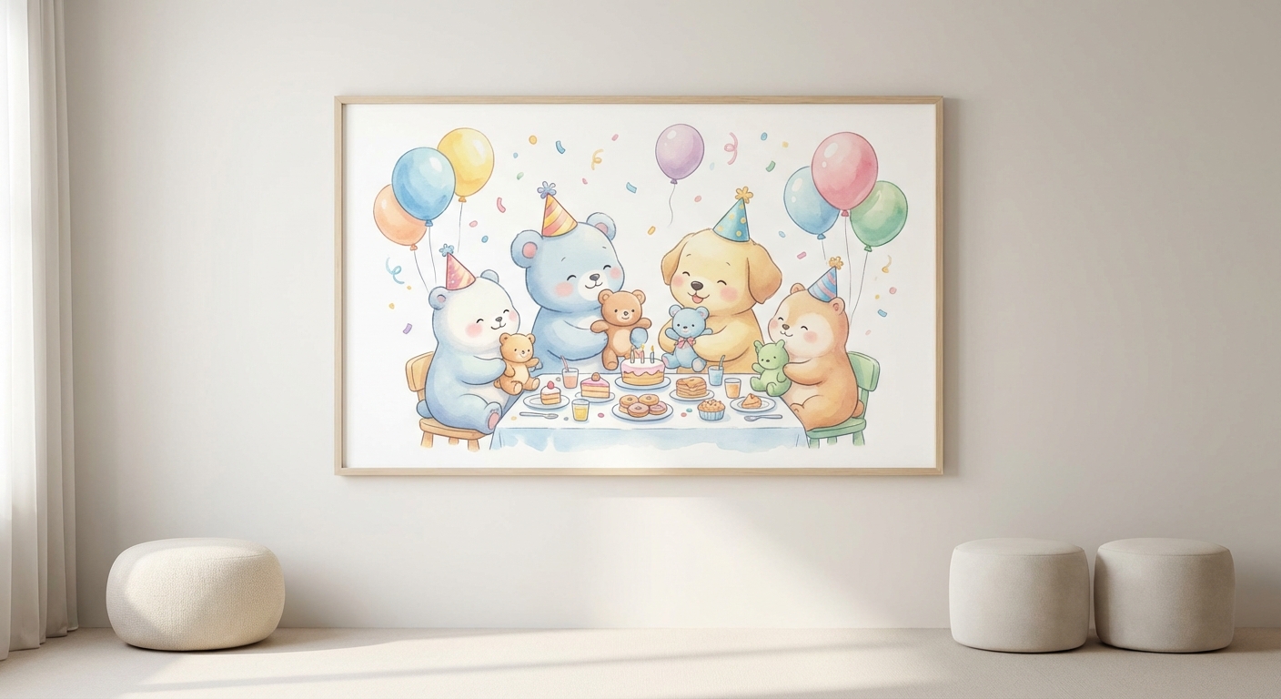 Sharing Joy at a Party learning scene, Sharing Joy at a Party celebration scene, balloons and confetti floating, gentle pastel illustration designed for ages 3-4, rounded shapes, caring expressions, text-free illustration with clean unmarked background, balanced composition, soft cinematic lighting, harmonious color palette, inviting and joyful mood