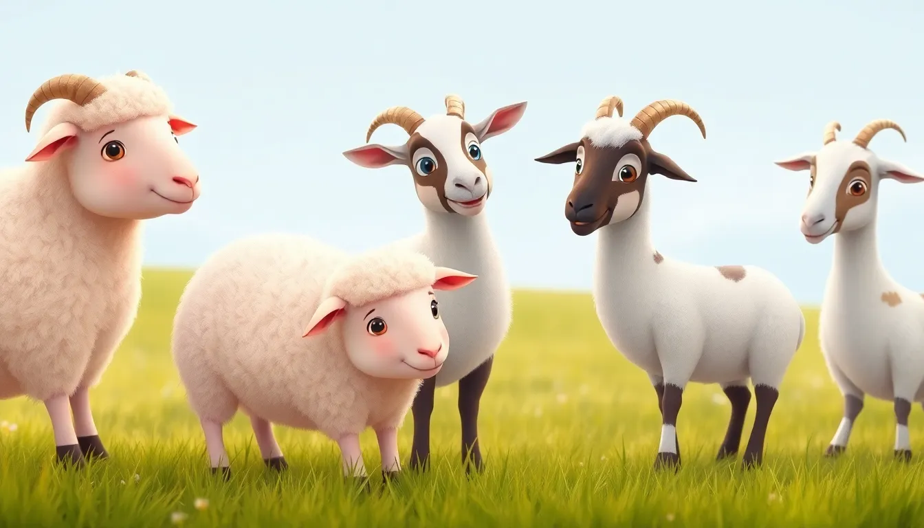 Sheep and Goats learning scene, Sheep and Goats animals discovering together, joyful storybook moment, gentle pastel illustration designed for ages 3-4, rounded shapes, caring expressions, text-free illustration with clean unmarked background, balanced composition, soft cinematic lighting, harmonious color palette, inviting and joyful mood