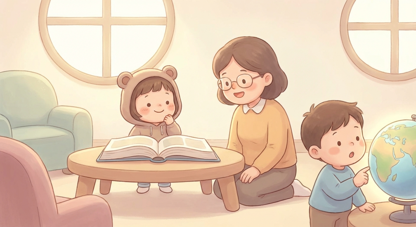 Shy learning scene, Shy learning scene filled with curiosity and joy, gentle pastel illustration designed for ages 3-4, rounded shapes, caring expressions, text-free illustration with clean unmarked background, balanced composition, soft cinematic lighting, harmonious color palette, inviting and joyful mood
