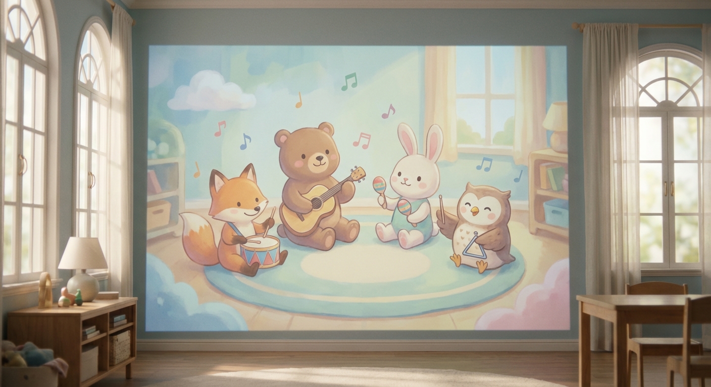 Silly Sounds learning scene, Silly Sounds music jam session, cheerful instruments and rhythm, gentle pastel illustration designed for ages 3-4, rounded shapes, caring expressions, text-free illustration with clean unmarked background, balanced composition, soft cinematic lighting, harmonious color palette, inviting and joyful mood