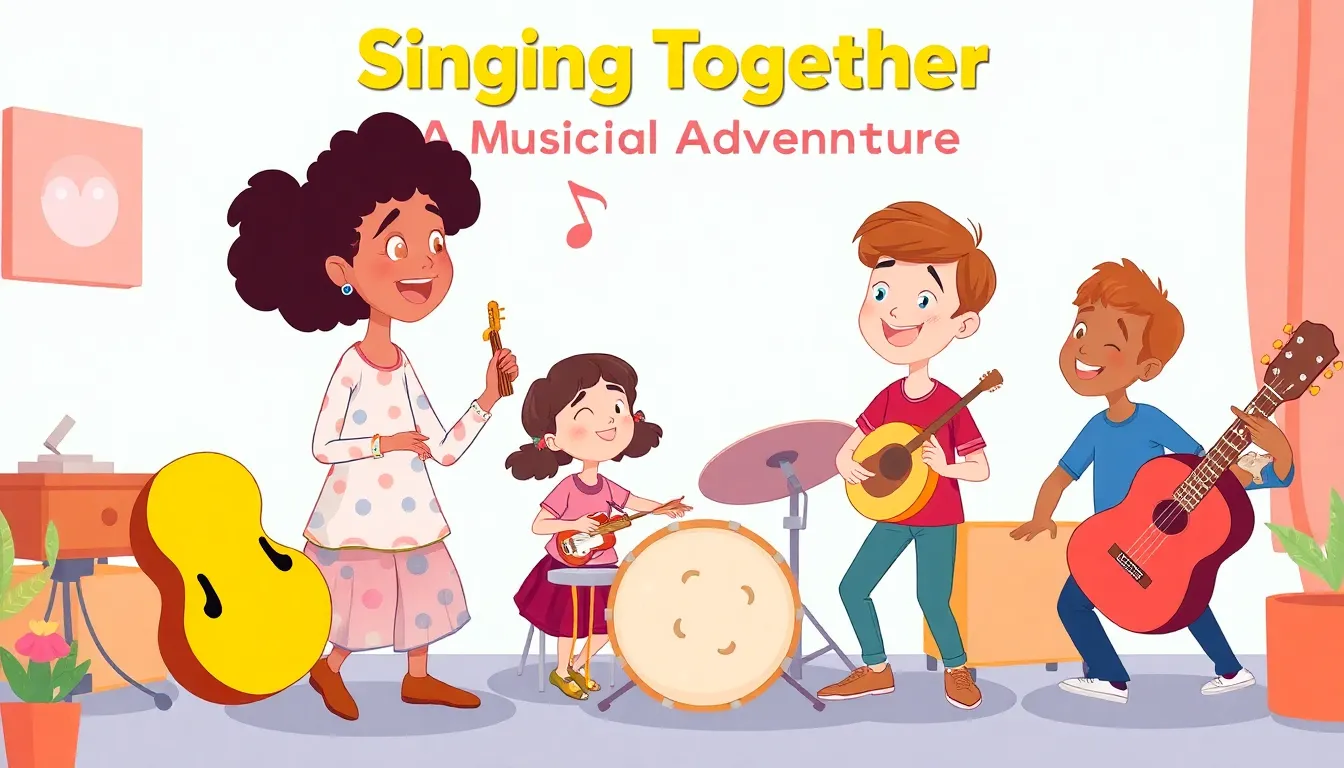 Singing Together A Musical Adventure learning scene, Singing Together A Musical Adventure music jam session, cheerful instruments and rhythm, vivid storybook illustration for ages 5-7, lively characters, playful motion, text-free illustration with clean unmarked background, balanced composition, soft cinematic lighting, harmonious color palette, inviting and joyful mood