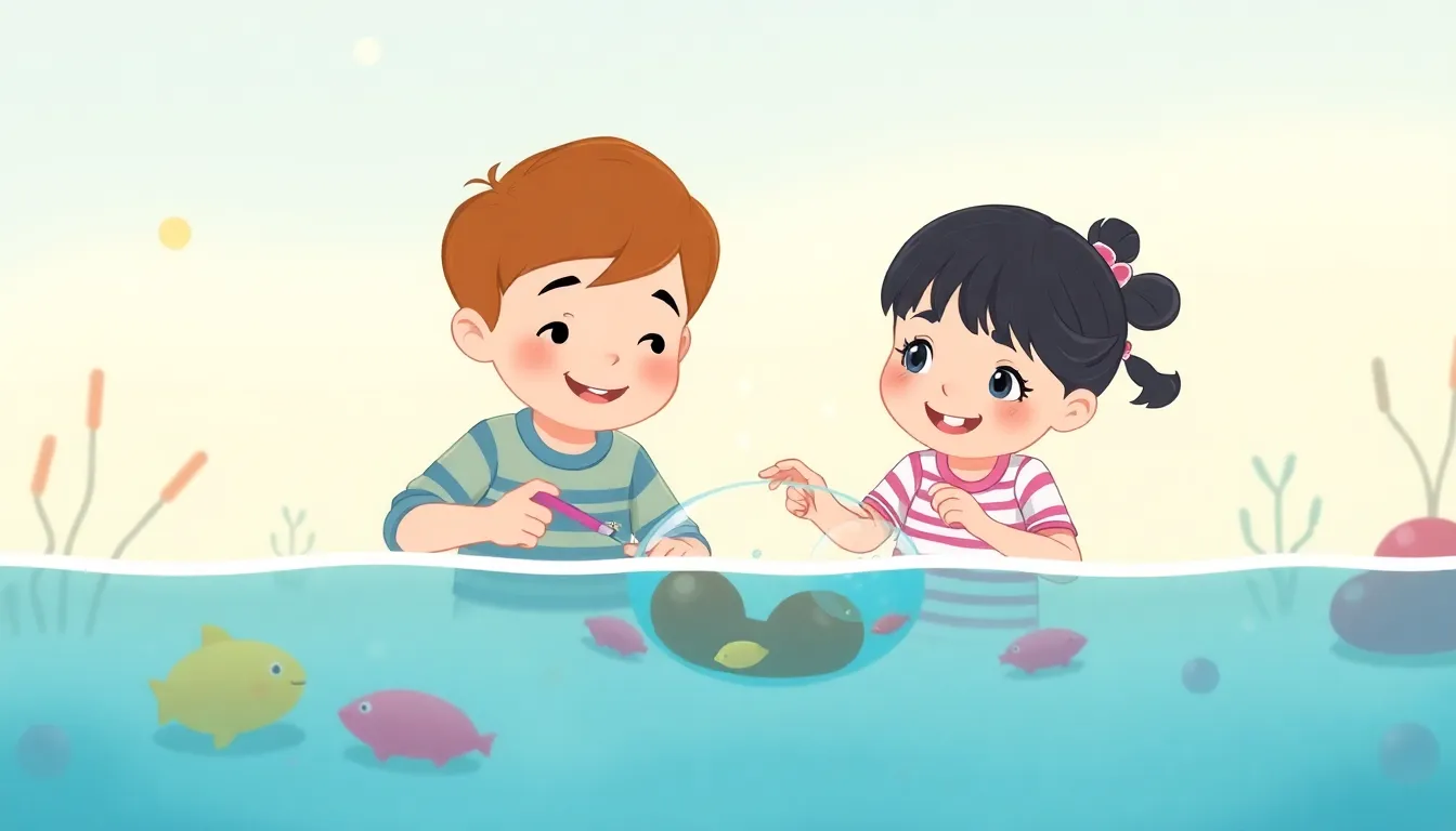 Sinking Toys Fun in the Water learning scene, Sinking Toys Fun in the Water experiment underway, curious kids collaborating, gentle pastel illustration designed for ages 3-4, rounded shapes, caring expressions, text-free illustration with clean unmarked background, balanced composition, soft cinematic lighting, harmonious color palette, inviting and joyful mood