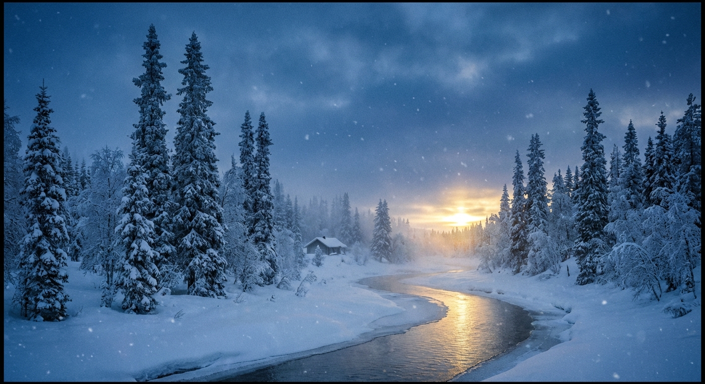 snow‑covered boreal forest with tall spruce trees
