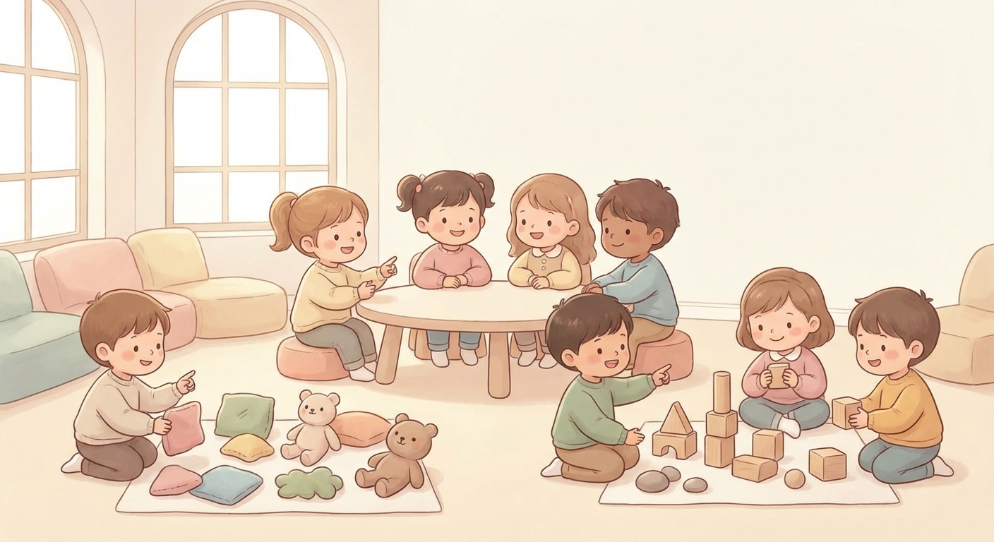 Soft and Hard learning scene, Soft and Hard experiment underway, curious kids collaborating, gentle pastel illustration designed for ages 3-4, rounded shapes, caring expressions, text-free illustration with clean unmarked background, balanced composition, soft cinematic lighting, harmonious color palette, inviting and joyful mood