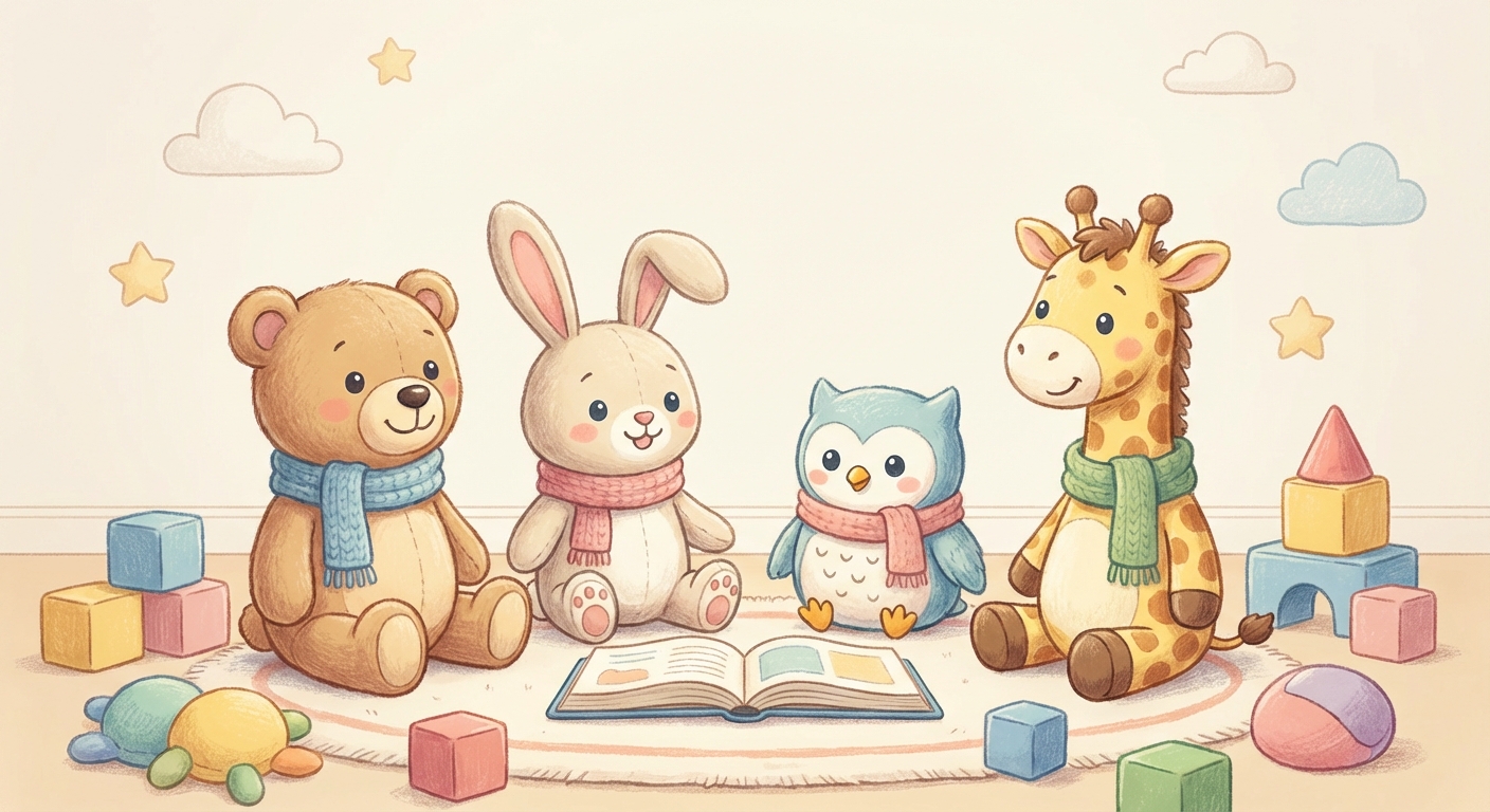 Soft and Snuggly Stuffed Animals learning scene, Soft and Snuggly Stuffed Animals learning scene filled with curiosity and joy, gentle pastel illustration designed for ages 3-4, rounded shapes, caring expressions, text-free illustration with clean unmarked background, balanced composition, soft cinematic lighting, harmonious color palette, inviting and joyful mood