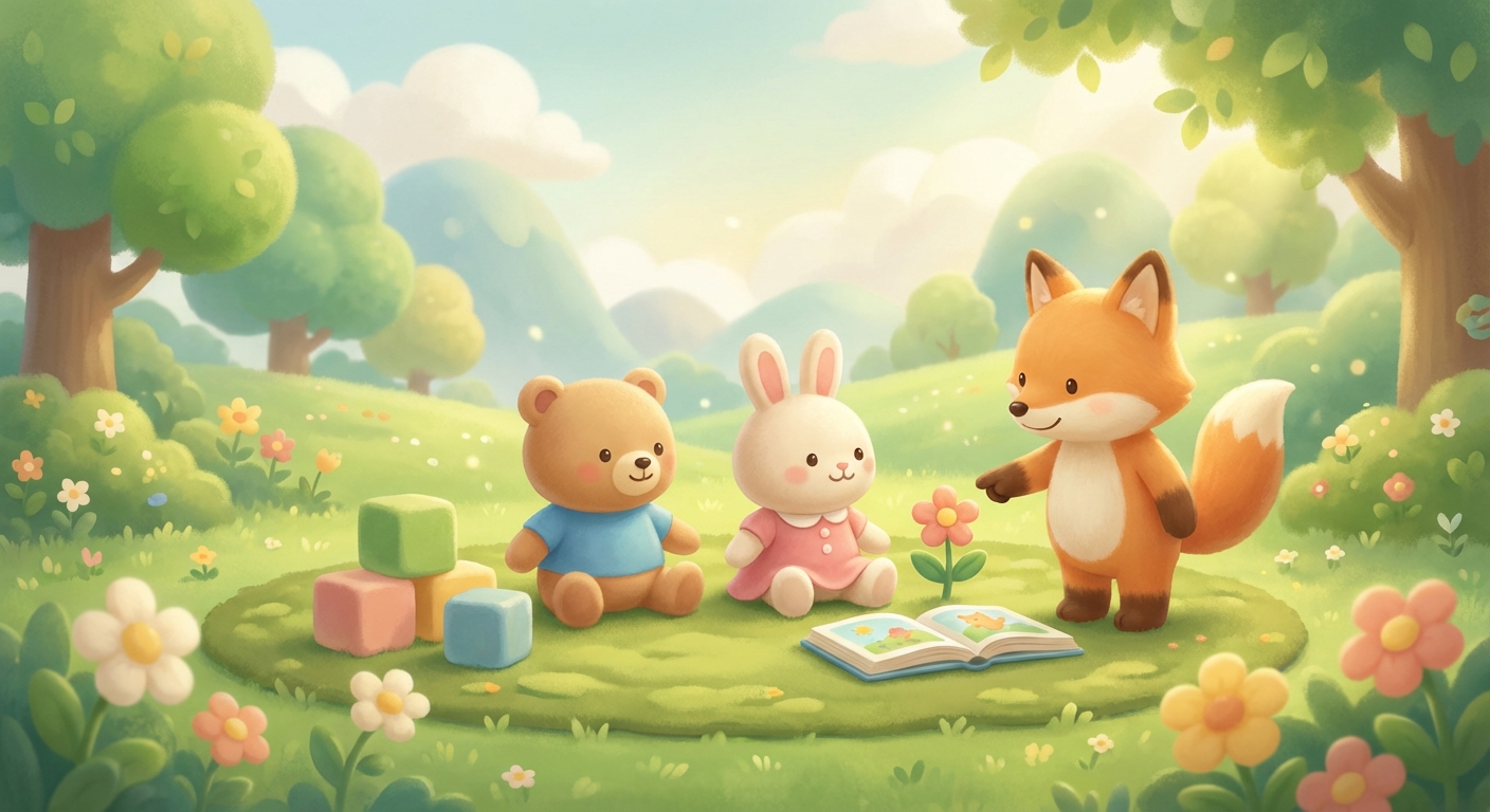 Soft Green Grass learning scene, Soft Green Grass scene in vibrant nature, lush and lively surroundings, gentle pastel illustration designed for ages 3-4, rounded shapes, caring expressions, text-free illustration with clean unmarked background, balanced composition, soft cinematic lighting, harmonious color palette, inviting and joyful mood