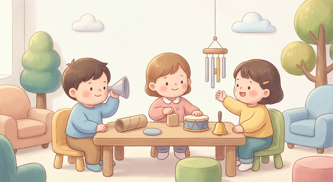 Sounds Around Us learning scene, Sounds Around Us experiment underway, curious kids collaborating, gentle pastel illustration designed for ages 3-4, rounded shapes, caring expressions, text-free illustration with clean unmarked background, balanced composition, soft cinematic lighting, harmonious color palette, inviting and joyful mood