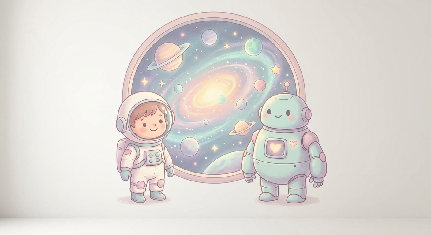Space Adventure learning scene, Space Adventure space adventure, stars and planets inspiring wonder, gentle pastel illustration designed for ages 3-4, rounded shapes, caring expressions, text-free illustration with clean unmarked background, balanced composition, soft cinematic lighting, harmonious color palette, inviting and joyful mood