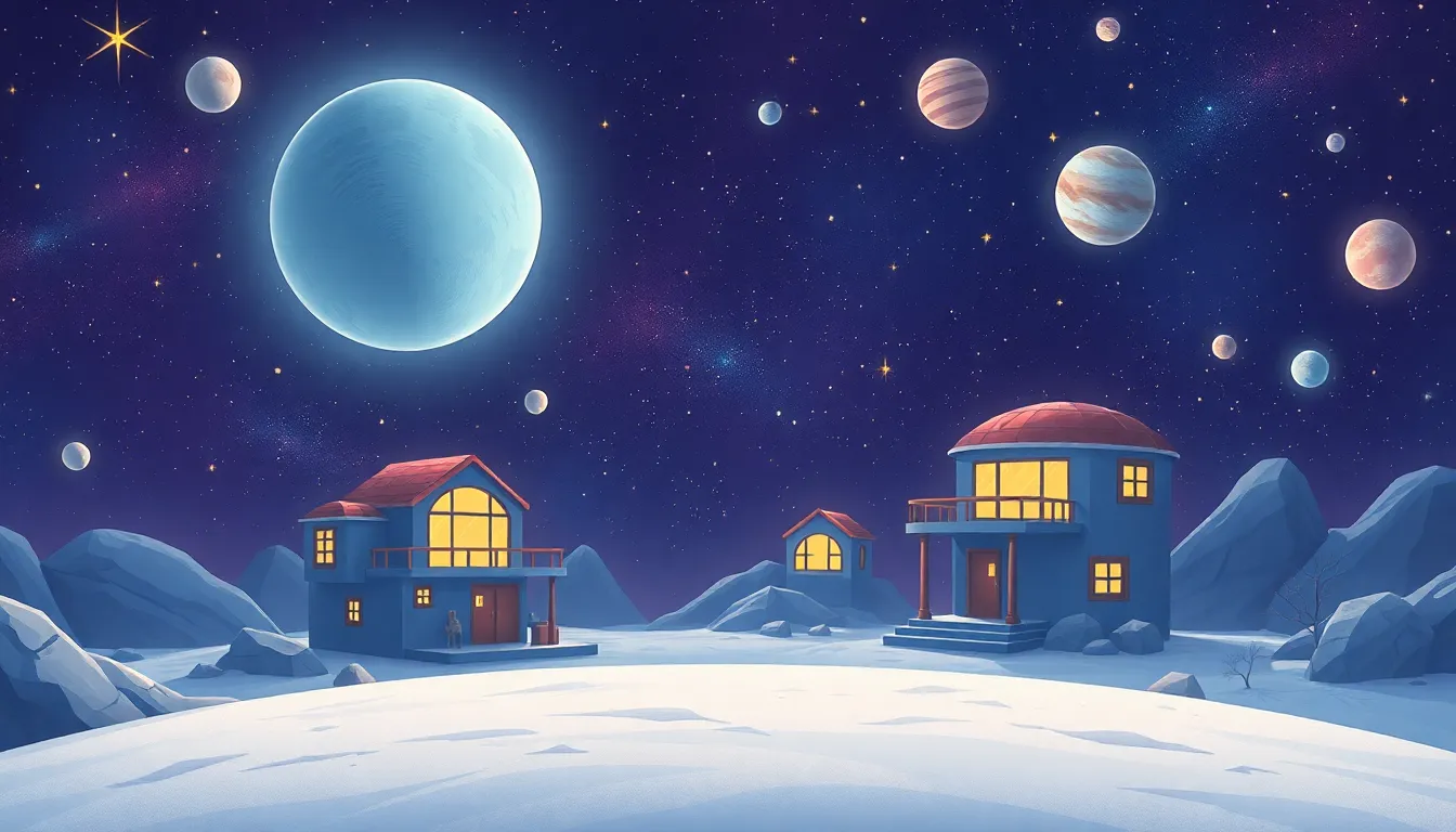 Space Colonies Homes Among the Stars learning scene, Space Colonies Homes Among the Stars space adventure, stars and planets inspiring wonder, dynamic adventure illustration for ages 8-10, engaging detail, upbeat energy, text-free illustration with clean unmarked background, balanced composition, soft cinematic lighting, harmonious color palette, inviting and joyful mood