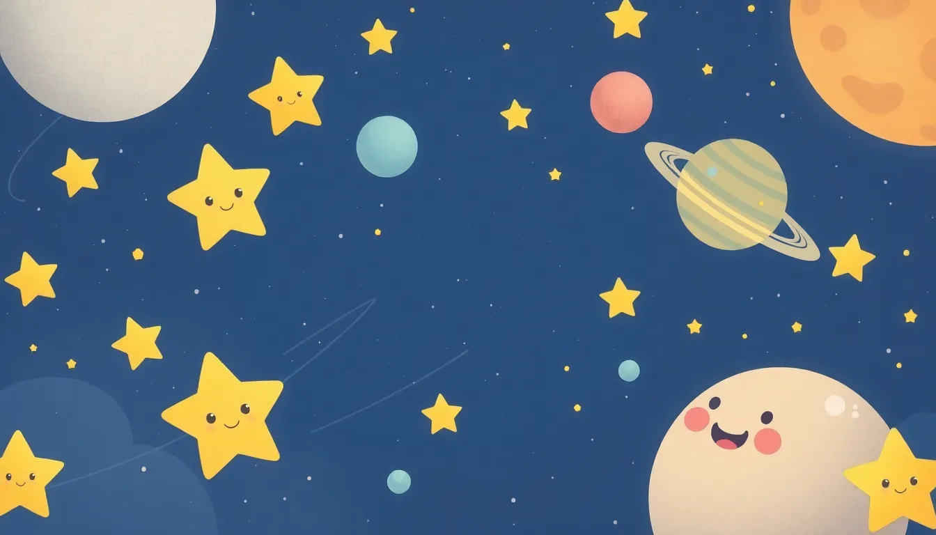 Star Shapes in Space learning scene, Star Shapes in Space space adventure, stars and planets inspiring wonder, gentle pastel illustration designed for ages 3-4, rounded shapes, caring expressions, text-free illustration with clean unmarked background, balanced composition, soft cinematic lighting, harmonious color palette, inviting and joyful mood