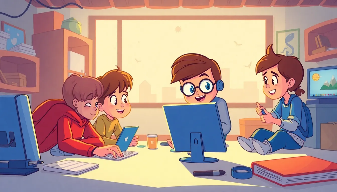 Stay Safe on the Internet A Kid s Guide to Cyber smart Adventures learning scene, Stay Safe on the Internet A Kid s Guide to Cyber smart Adventures learning scene filled with curiosity and joy, dynamic adventure illustration for ages 8-10, engaging detail, upbeat energy, text-free illustration with clean unmarked background, balanced composition, soft cinematic lighting, harmonious color palette, inviting and joyful mood