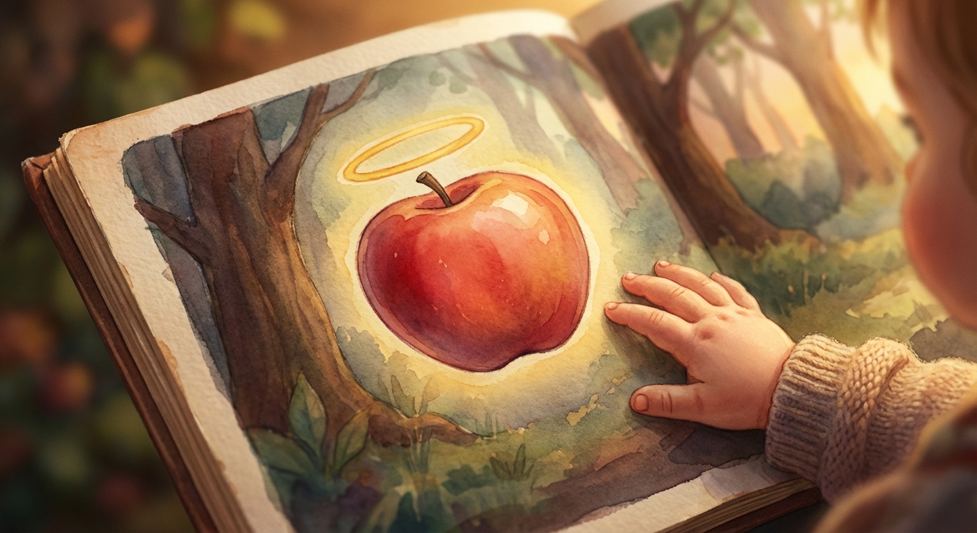 Apples and Oranges learning scene, Apples and Oranges learning scene filled with curiosity and joy, gentle pastel illustration designed for ages 3-4, rounded shapes, caring expressions, text-free illustration with clean unmarked background, balanced composition, soft cinematic lighting, harmonious color palette, inviting and joyful mood