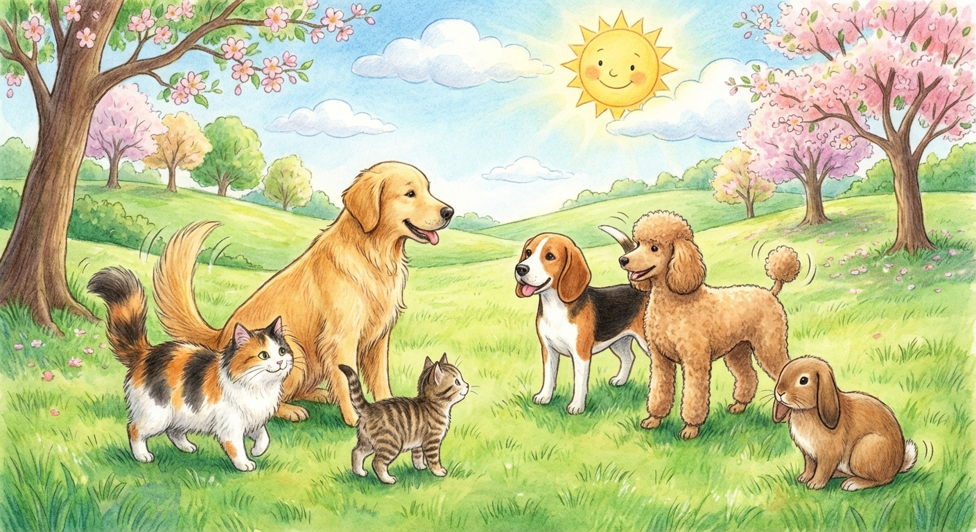 Wagging Tails in Sunny Park learning scene, Wagging Tails in Sunny Park learning scene filled with curiosity and joy, gentle pastel illustration designed for ages 3-4, rounded shapes, caring expressions, text-free illustration with clean unmarked background, balanced composition, soft cinematic lighting, harmonious color palette, inviting and joyful mood