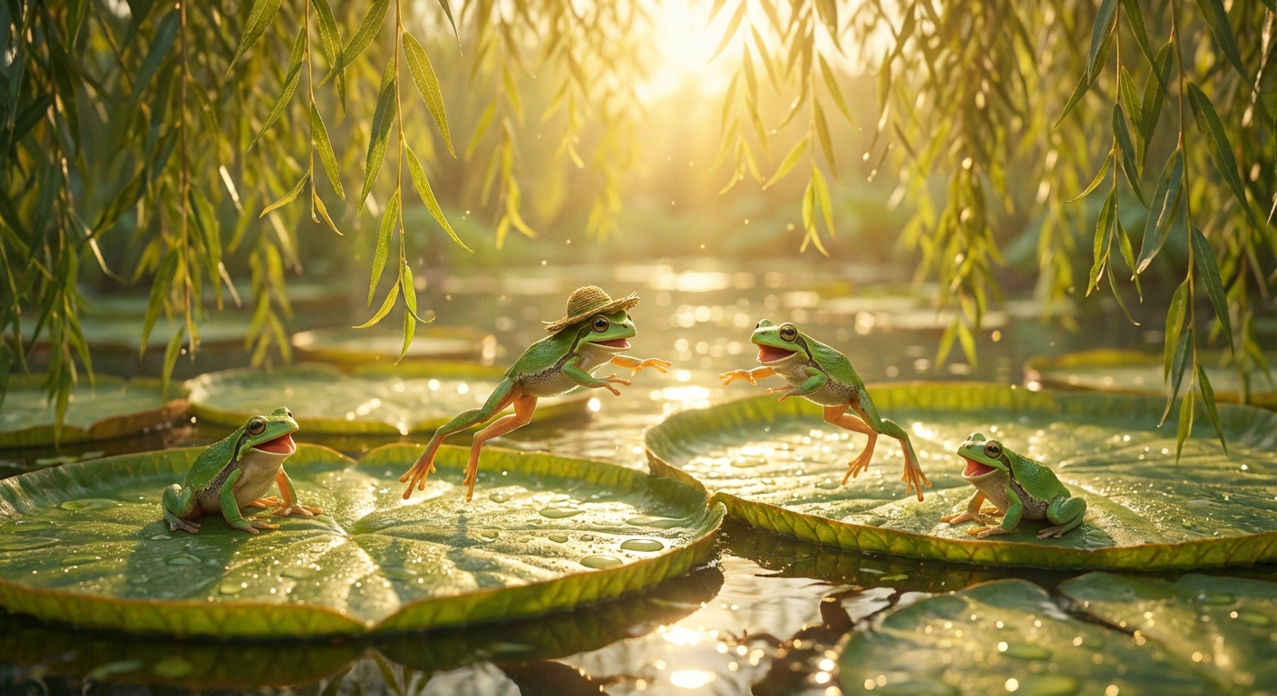 Happy Frogs Hop Dance learning scene, Happy Frogs Hop Dance learning scene filled with curiosity and joy, gentle pastel illustration designed for ages 3-4, rounded shapes, caring expressions, text-free illustration with clean unmarked background, balanced composition, soft cinematic lighting, harmonious color palette, inviting and joyful mood