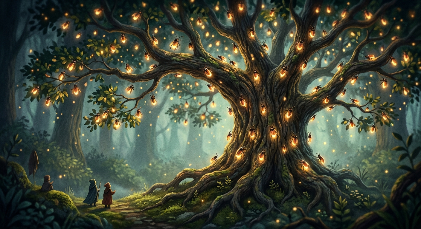 storybook illustration of many beetles lighting a tree like tiny stars