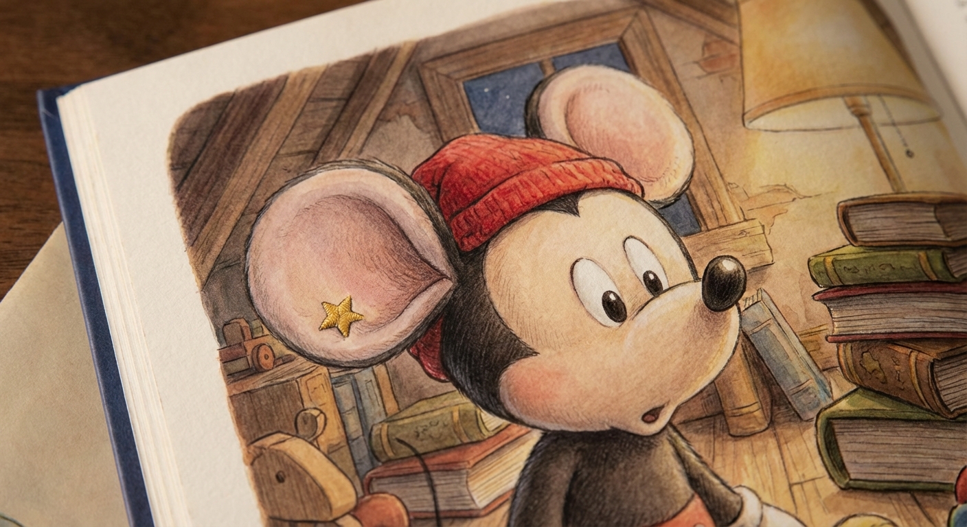 Mickey Mouse learning scene, Mickey Mouse learning scene filled with curiosity and joy, gentle pastel illustration designed for ages 3-4, rounded shapes, caring expressions, text-free illustration with clean unmarked background, balanced composition, soft cinematic lighting, harmonious color palette, inviting and joyful mood