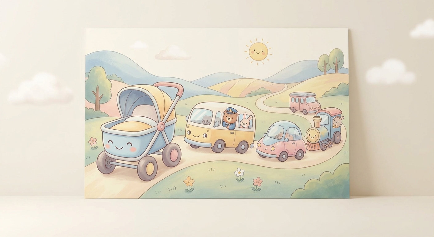 Stroller Adventures learning scene, Stroller Adventures journey, cheerful vehicles moving smoothly, gentle pastel illustration designed for ages 3-4, rounded shapes, caring expressions, text-free illustration with clean unmarked background, balanced composition, soft cinematic lighting, harmonious color palette, inviting and joyful mood
