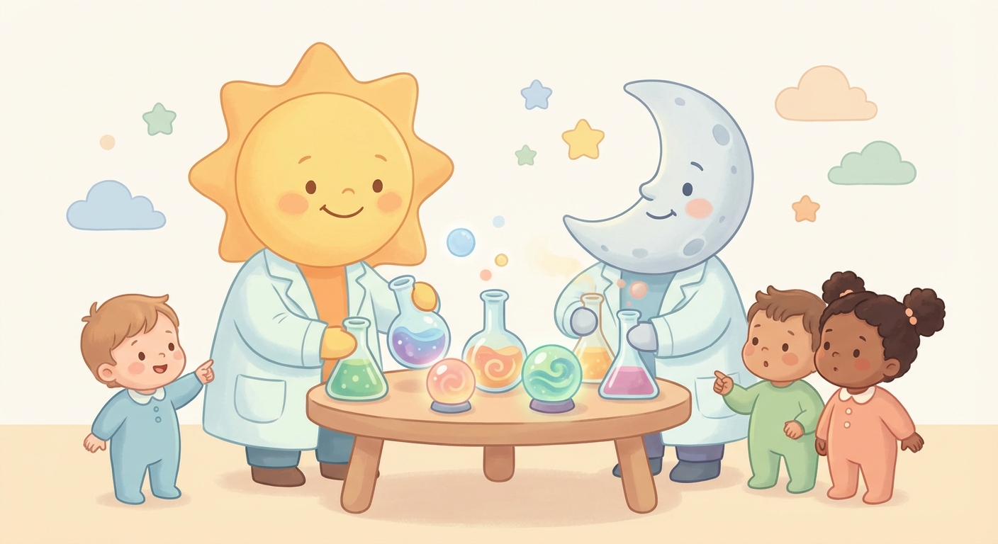 Sun and Moon learning scene, Sun and Moon experiment underway, curious kids collaborating, gentle pastel illustration designed for ages 3-4, rounded shapes, caring expressions, text-free illustration with clean unmarked background, balanced composition, soft cinematic lighting, harmonious color palette, inviting and joyful mood